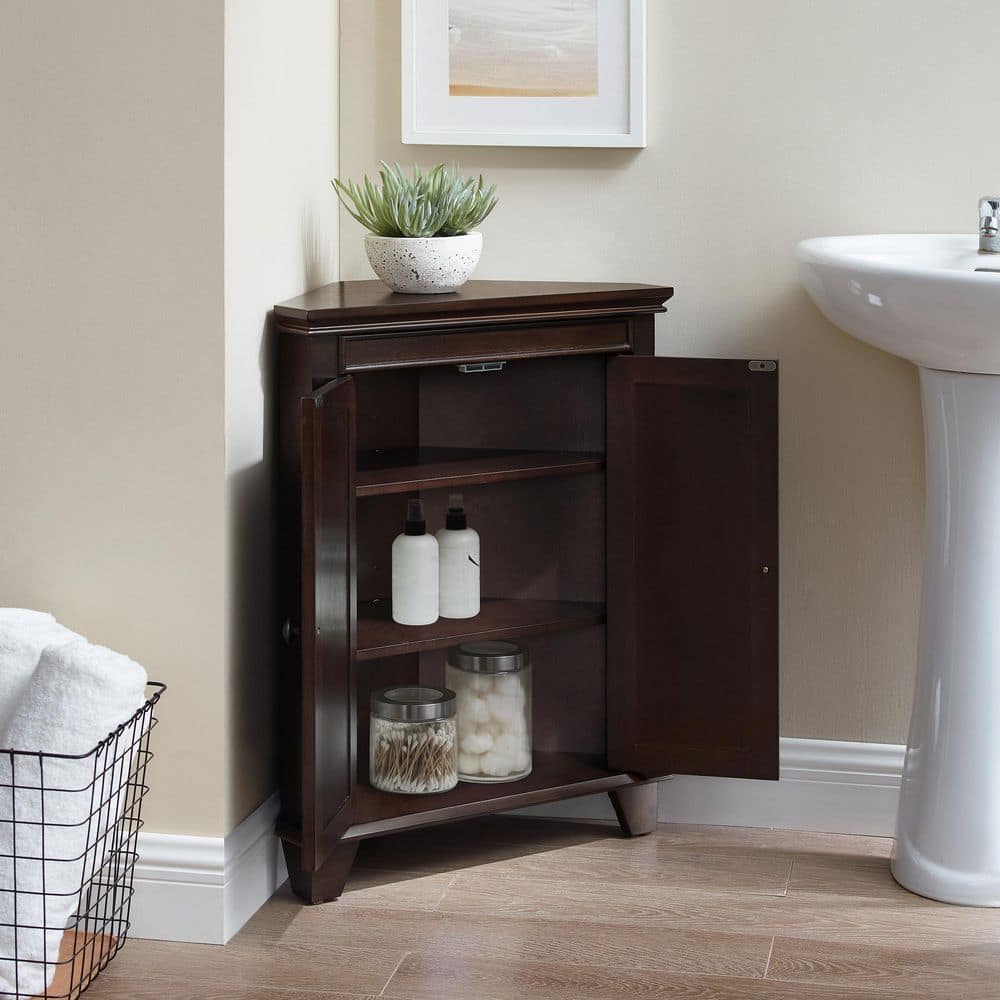 Espresso Birch Corner Bathroom Cabinet with Adjustable Shelves