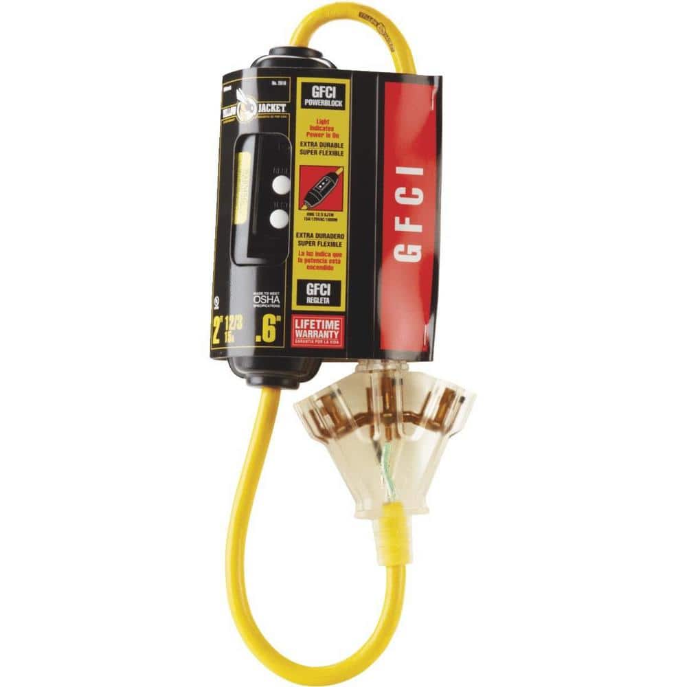Yellow 2 ft. Triple Outlet Cord with GFCI and Lighted Power Block