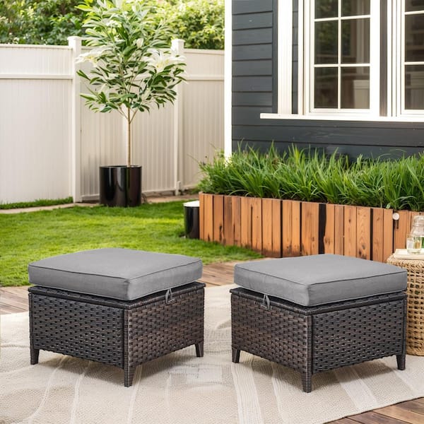 Brown Wicker Outdoor Ottoman with Gray Cushions (2-Pack)