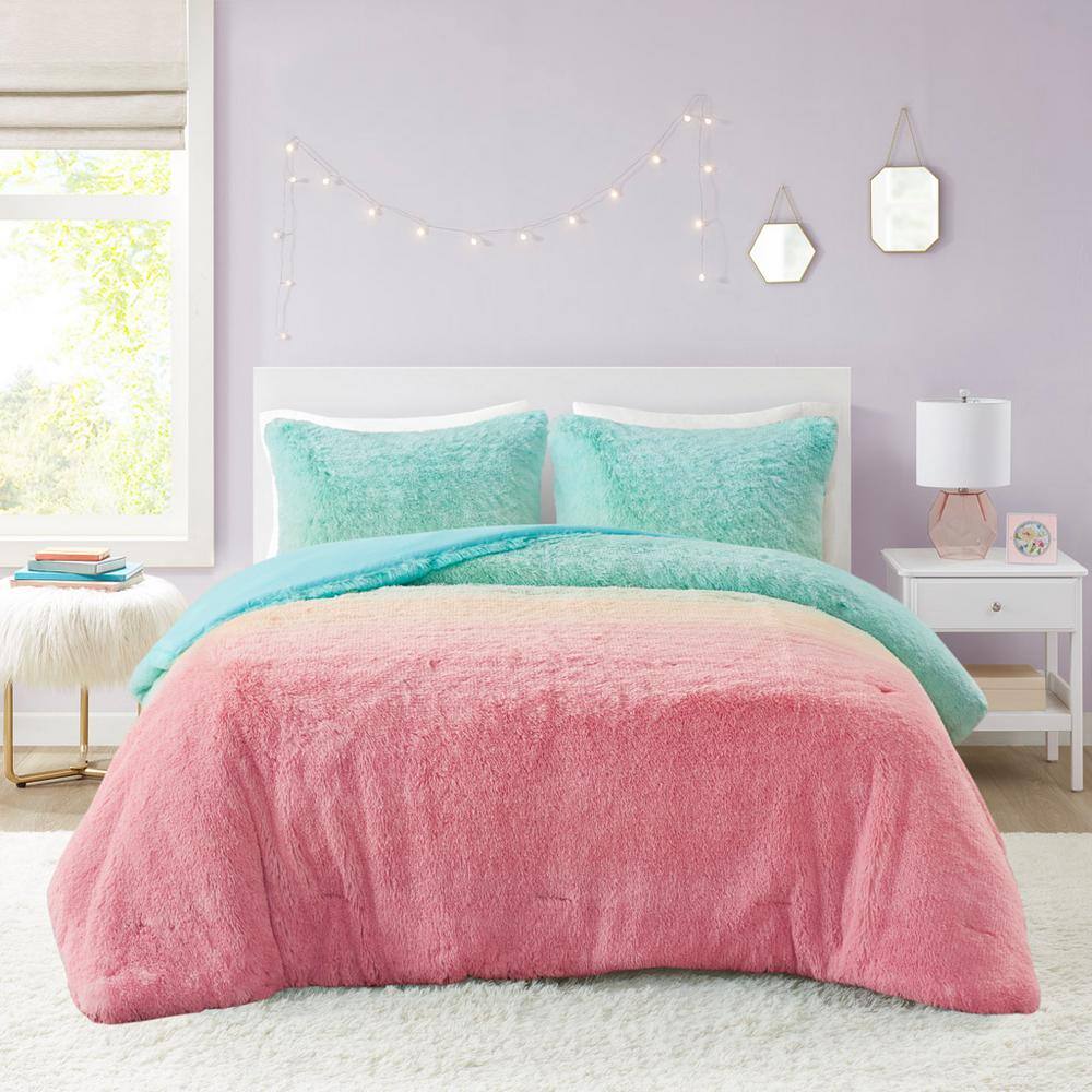 Twin Aqua Multi Faux Fur Down Alternative Comforter Set