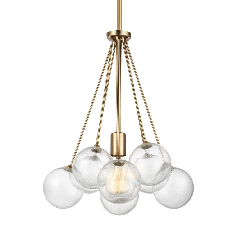 Elegant Mid-Century Satin Brass Globe Pendant with Seeded Glass