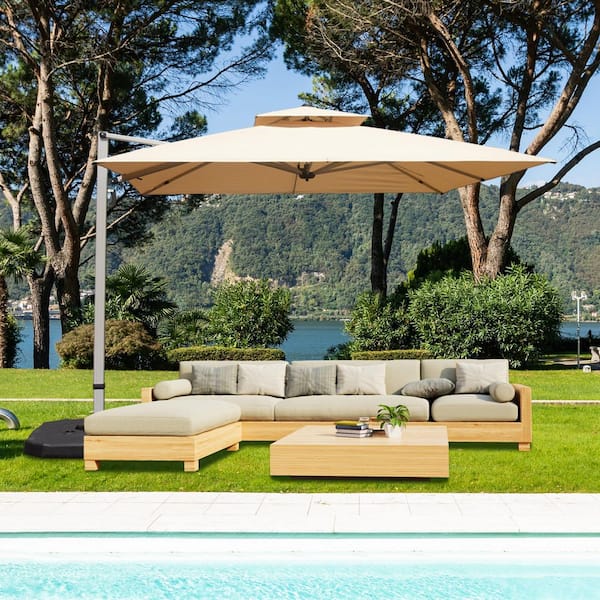 2 tier patio umbrella Bluu Sequoia Pro Cantilever Round 2-Tier Features a sturdy cross base design ensuring strong support and stability for your outdoor patio umbrella 8.6FT Patio Umbrella, UPF 30+