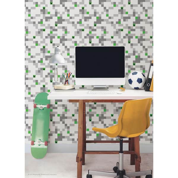 Microsoft Grey Minecraft Pixel Creeper Peel and Stick Wallpaper Roll