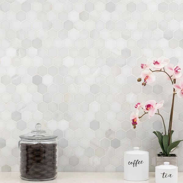 Greecian White Hexagon 12 in. x 12 in. Polished Marble Mesh-Mounted Mosaic Floor and Wall Tile (0.98 sq. ft./Each)