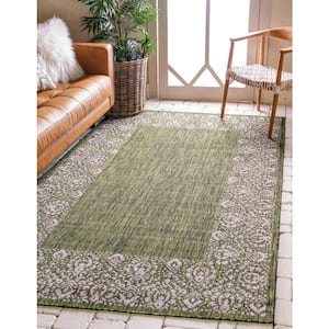 Outdoor Floral Border Green 7 ft. x 10 ft. Area Rug