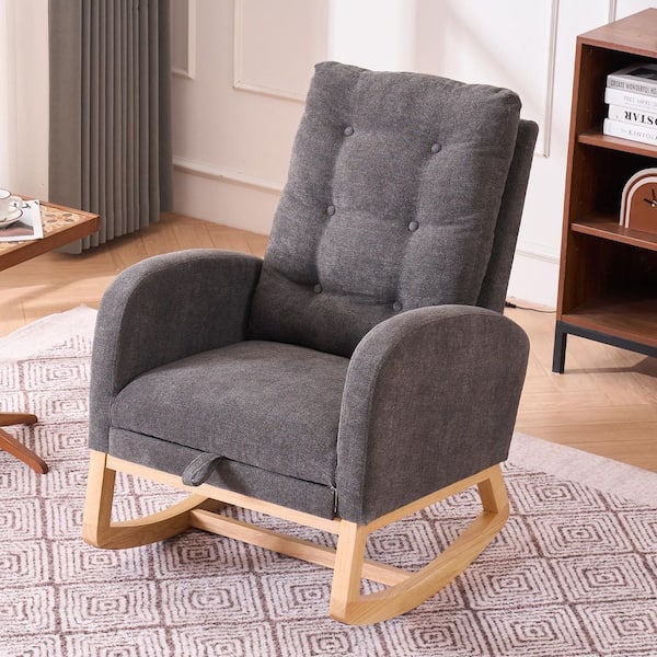 Gray Nursery Rocking Chair with Footrest High Back Upholstered Glider Chair Accent Armchair with Side Pocket, Wood Legs