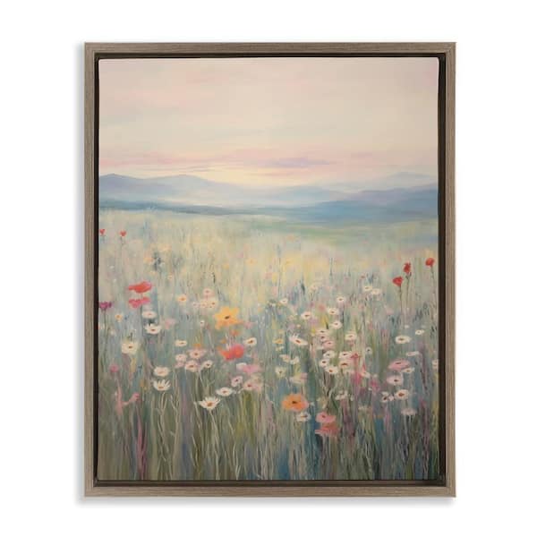 Stupell Industries Pastel Spring Floral Meadow by Arlington Prints Brown Floater Frame Nature Graphic Art Print 31 in. x 25 in.