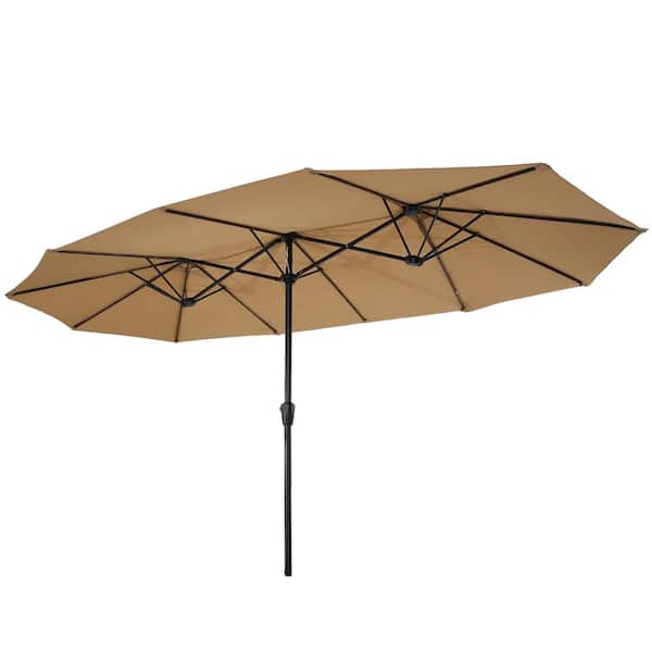 Unbranded 15 x 9 ft. Large Market Patio Umbrella with Crank, Double-Sided Rectangular Outdoor Twin Patio Market Umbrella in Brown