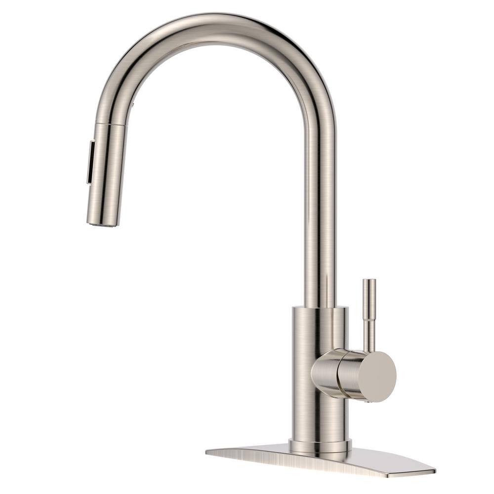  Single Handle Pull Down Sprayer Kitchen Faucet with Removable Deck Plate Swivel Spout in Brushed Nickel