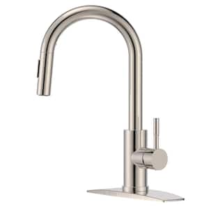 Single Handle Pull Down Sprayer Kitchen Faucet with Removable Deck Plate Swivel Spout in Brushed Nickel