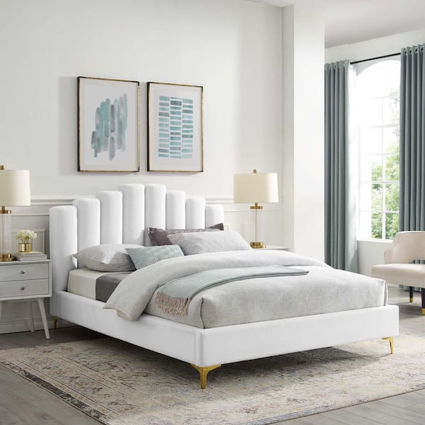 MODWAY Olivia White Velvet Frame Queen Platform Bed
