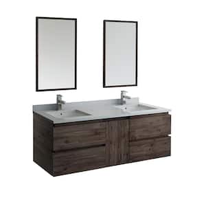 Formosa 60 in. Modern Double Wall Hung Vanity in Warm Gray with Quartz Stone Vanity Top in White w/ White Basins, Mirror