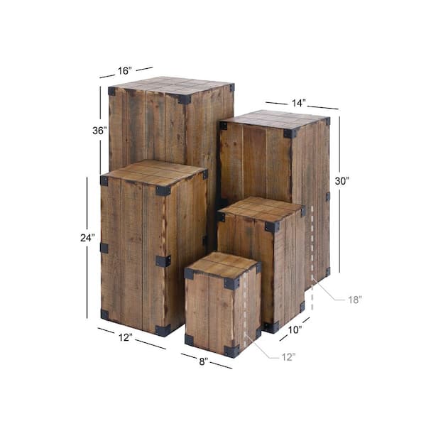 Brown Wood Pillar Style Pedestal Table with Metal Corner Brackets (Set of 5)