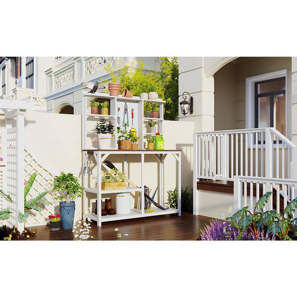 Unbranded TOPMAX 64.6 in. Outdoor Garden Potting Bench Table Wood Workstation with 6-Tier Shelves, Large Tabletop and Side Hook
