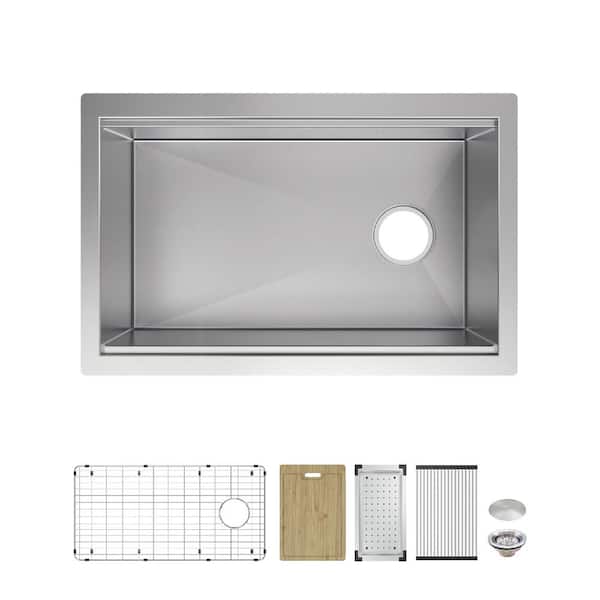 Professional Zero Radius 32 in Undermount Single Bowl 16 Gauge Stainless Steel Workstation Kitchen Sink with Accessories