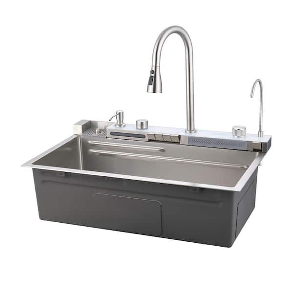 29.5 in. Drop-In Single Bowl Dark Gray Stainless Steel Kitchen Sink with Pull Out Faucet and Cutting Board