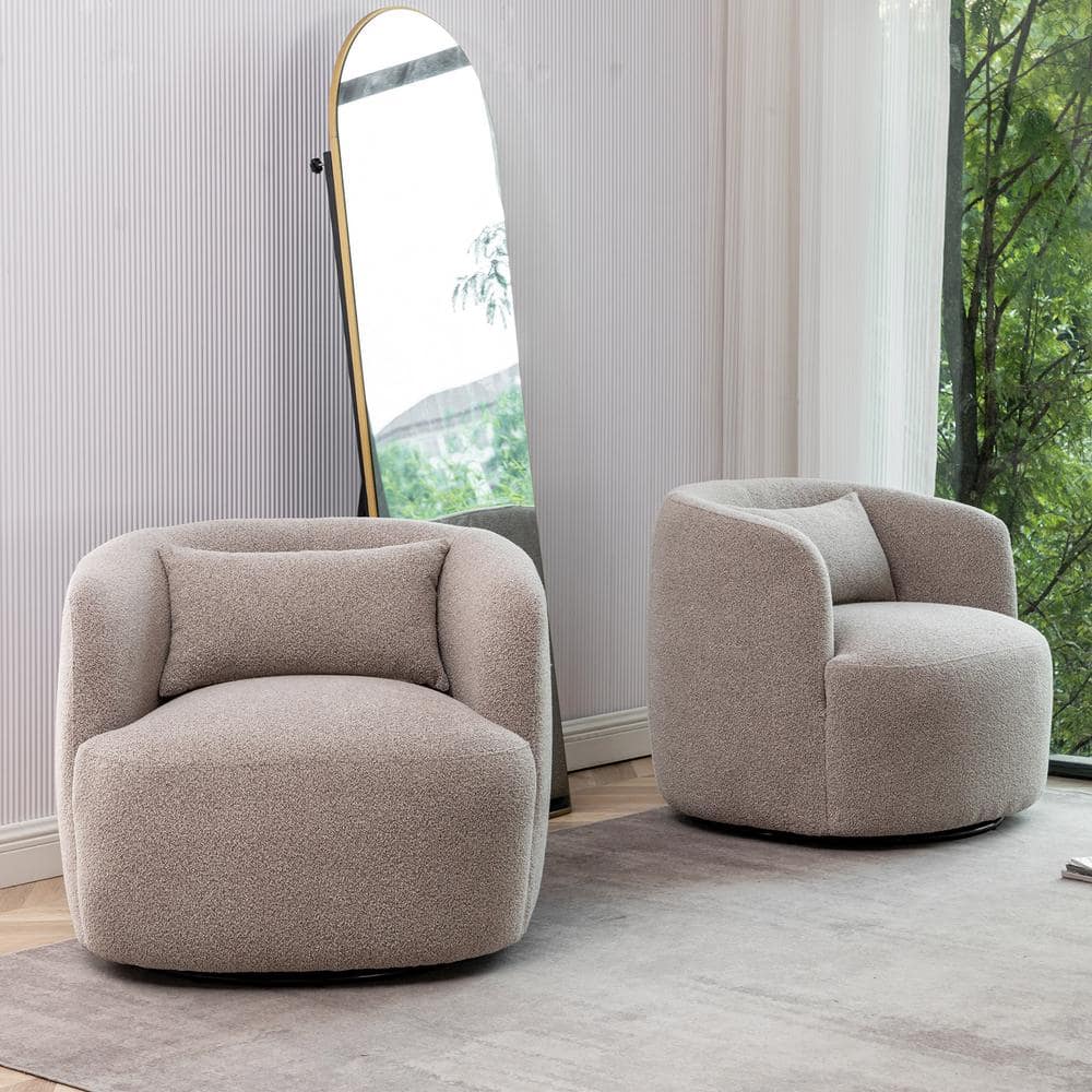 Taupe Boucle Swivel Barrel Accent Chair with Wood Frame