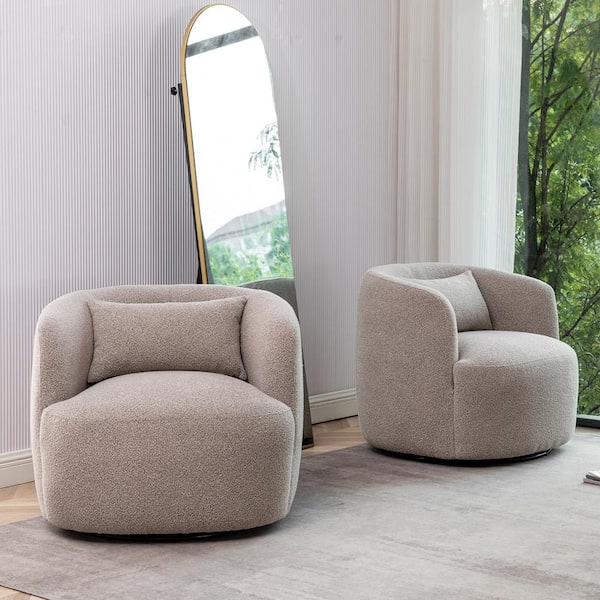 KINWELL Taupe Boucle Polyester Upholstered Swivel Barrel Chair (Set of 2)