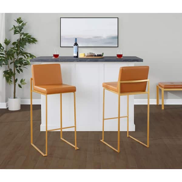 Lumisource Fuji 31 in. Camel Faux Leather and Gold Metal Fixed-Height Barstool (Set of 2)