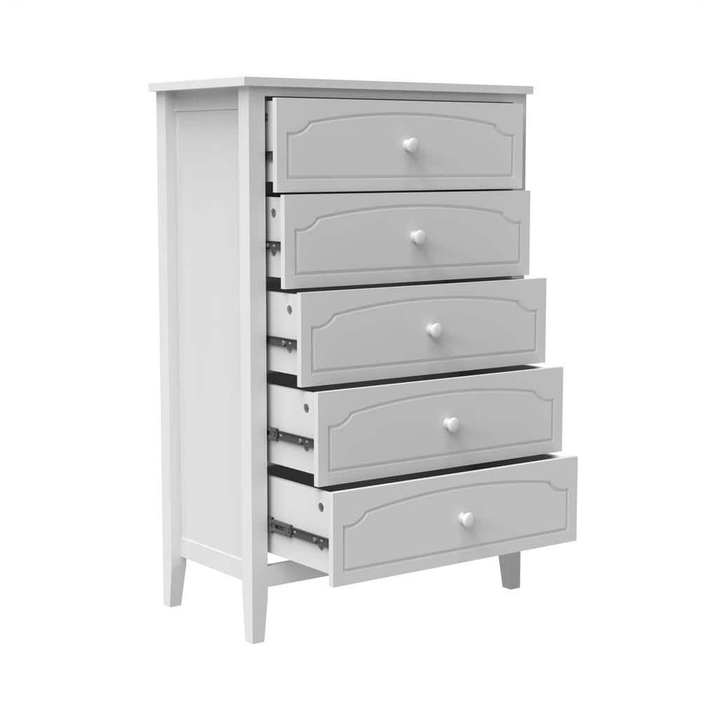 Retro 31.7 in. W x 15.75 in. D x 47.56 in. H White Rubberwood Linen Cabinet with 5-Drawer Chest