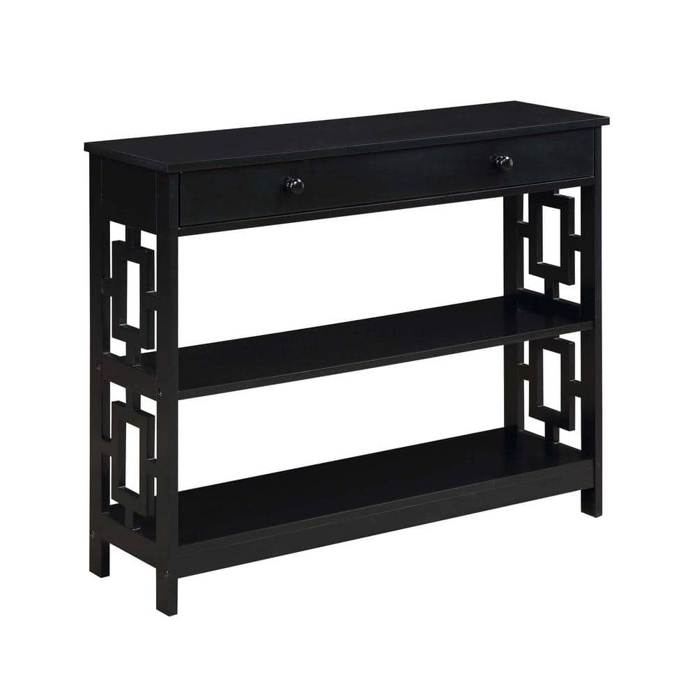 Modern Black Wood Console Table with Storage and Shelves