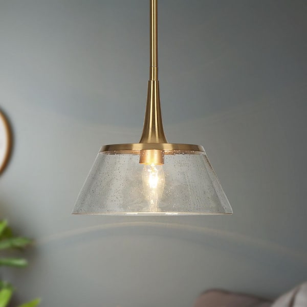 Quoridan Brass Modern Drum Kitchen Pendant Light with Seeded Glass Modern 1-Light Living Dining Room Island Chandelier