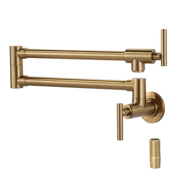 Wall Mounted Pot Filler 2-Handles Kitchen Faucet with 360° Spout Swivel in Brushed Gold