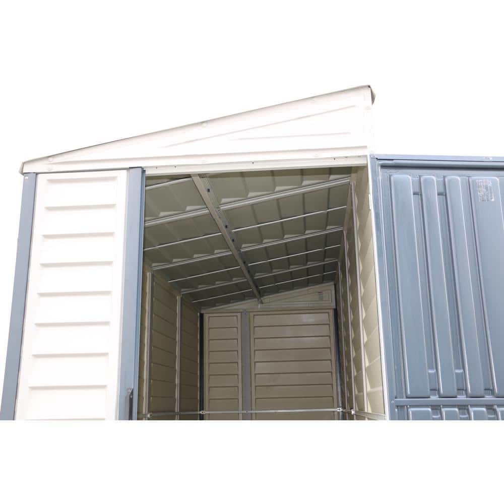 Durable Gray Vinyl Lean-To Storage Shed with Shelving Kit