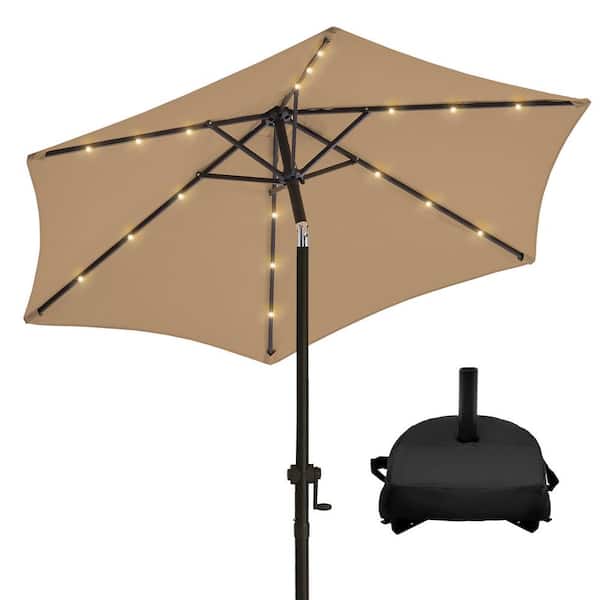PASAMIC 7.5 ft. Solar LED Lighted Market Patio Umbrella with Base and Push Button Tilt in Tan