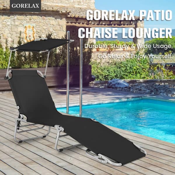 Adjustable Sunlounger Patio Chaise Outdoor Lounge Chair Shade in Black with Canopy