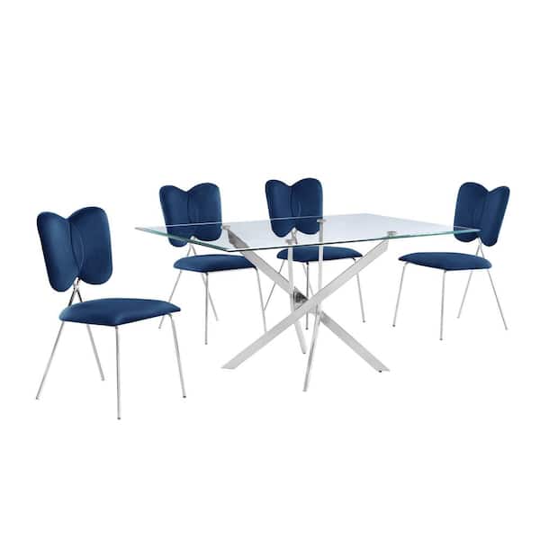 Best Quality Furniture Hector 5Piece Tempered Glass Top and Navy Blue
