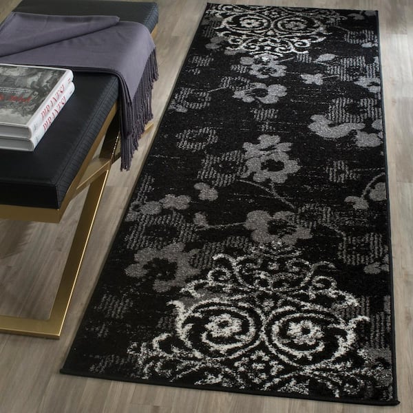 Adirondack Black/Silver 3 ft. x 10 ft. Floral Runner Rug