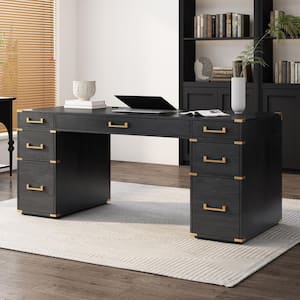 70 in. Black 7-Drawer Executive Desk with Metal Edge Trim, File Drawers, Writing Desk with USB Ports and Outlets