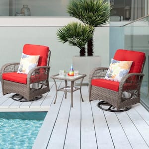 3-Piece Brown Frame Wicker Patio Outdoor Bistro Set, with Square Coffee Table, Red Cushions, for Garden