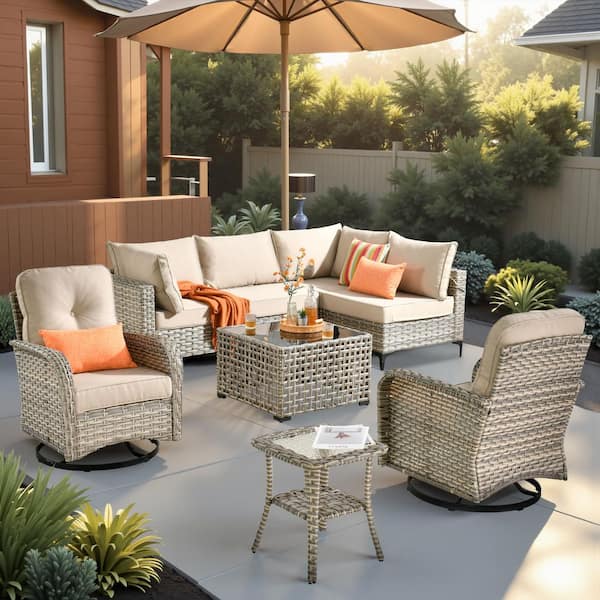 Unicorn 8 Pieces Wicker Outdoor Patio Set and Swivel Rocking Chairs with Beige Cushions