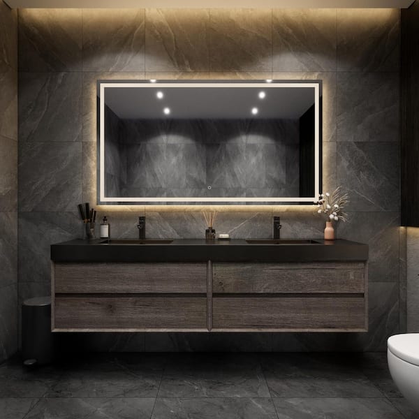 MIA 84 in. W x 20 in. D x 24 in. H Double Sink Floating Bath Vanity in Gray Oak with Black Stainless Steel Top