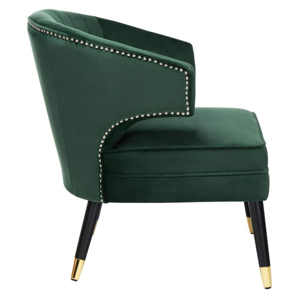 Transitional Forest Green Velvet Barrel Accent Chair with Black Wood Legs