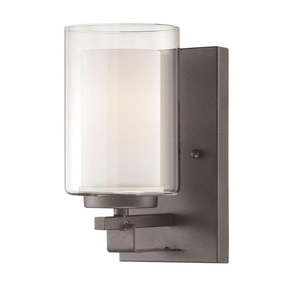 Smoked Iron Cylinder Outdoor Wall Sconce with Etched Glass