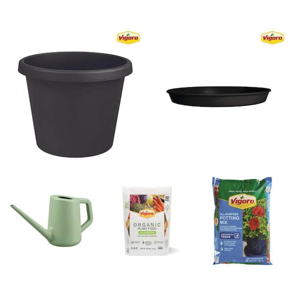 6 in. Black Plastic Planter (6 in. D x 4.8 in. H), Saucer, 1.7L Watering Can, 12 lb. Plant Food, and 32 qt. Potting Soil