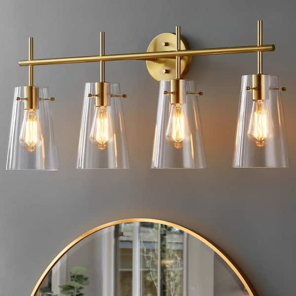 KAWOTI 33.25 in. 4-Light Antique Brass Vanity Light with Clear Glass Shade