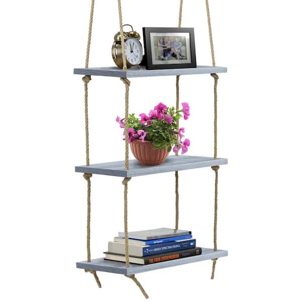 Sorbus 16.50 in. D x 7.87 in W x 38 in. H Grey Rustic Wood Decorative Floating Display Shelves with Jute Ropes