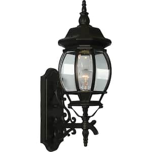 Black Hardwired Outdoor Coach Light Sconce with Clear Beveled Glass Shade