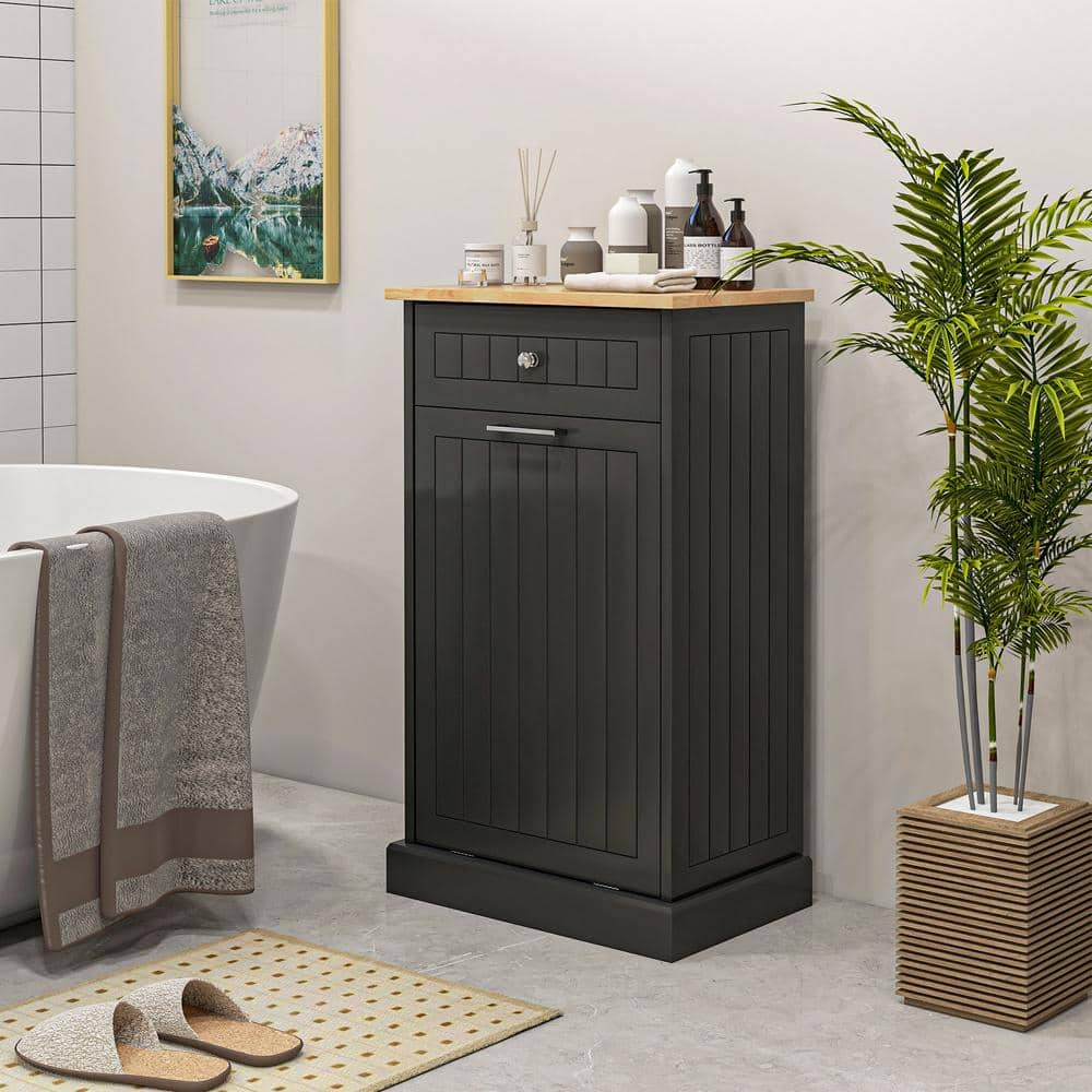 Black Wooden Kitchen Storage Cabinet with Light Wood Top
