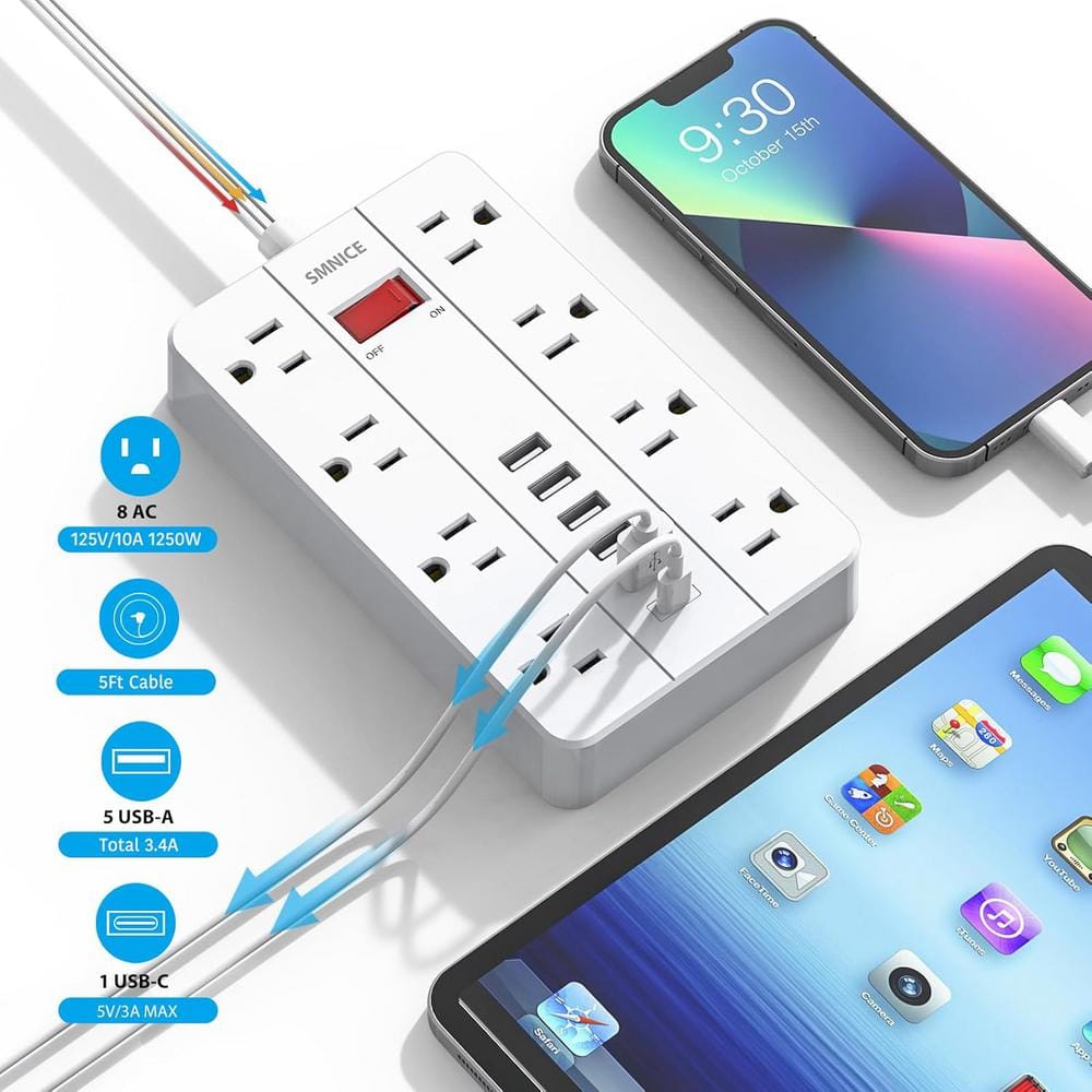 White 5 ft Power Strip with 8 Outlets and 6 USB Ports