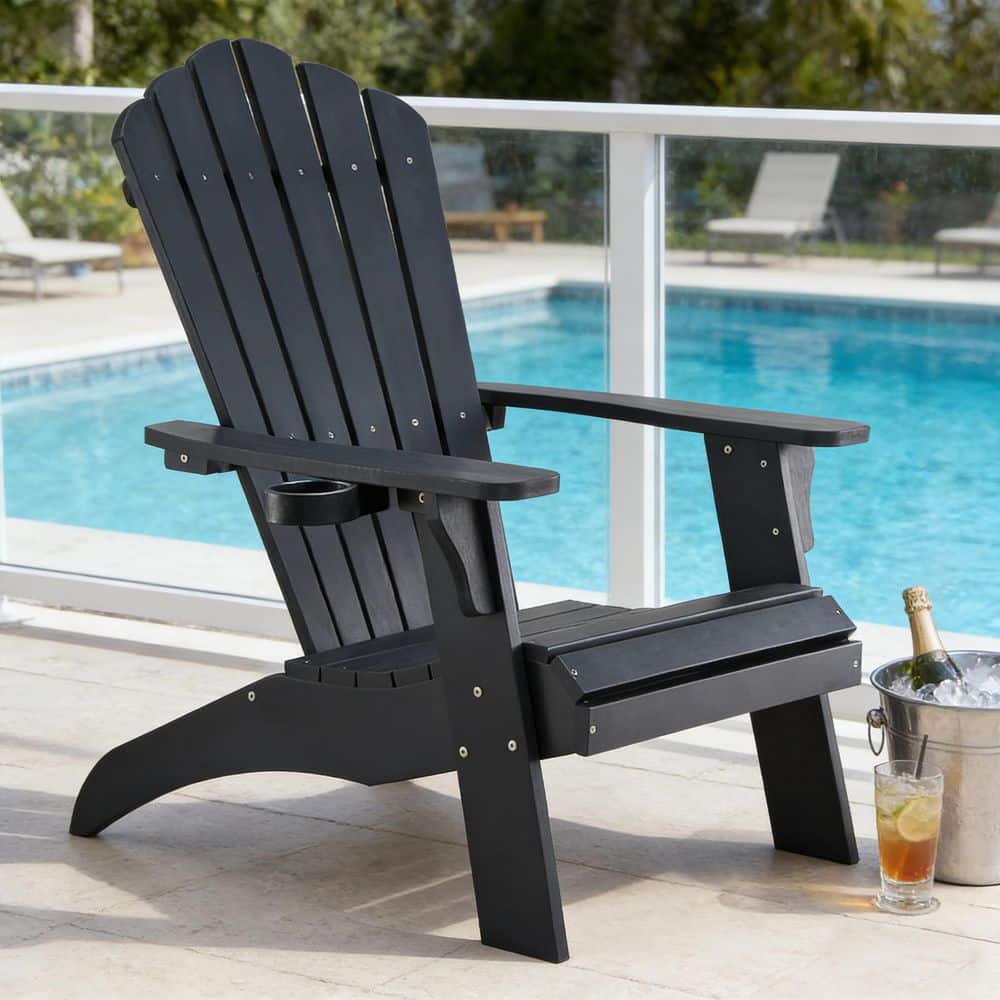 Eongdn Black Oversized Adirondack Chair Fire Pit Chair with Cup