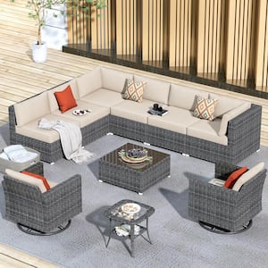 Messi Grey 10-Piece Wicker Outdoor Patio Conversation Sofa Seating Set with Swivel Rocking Chairs and Beige Cushions