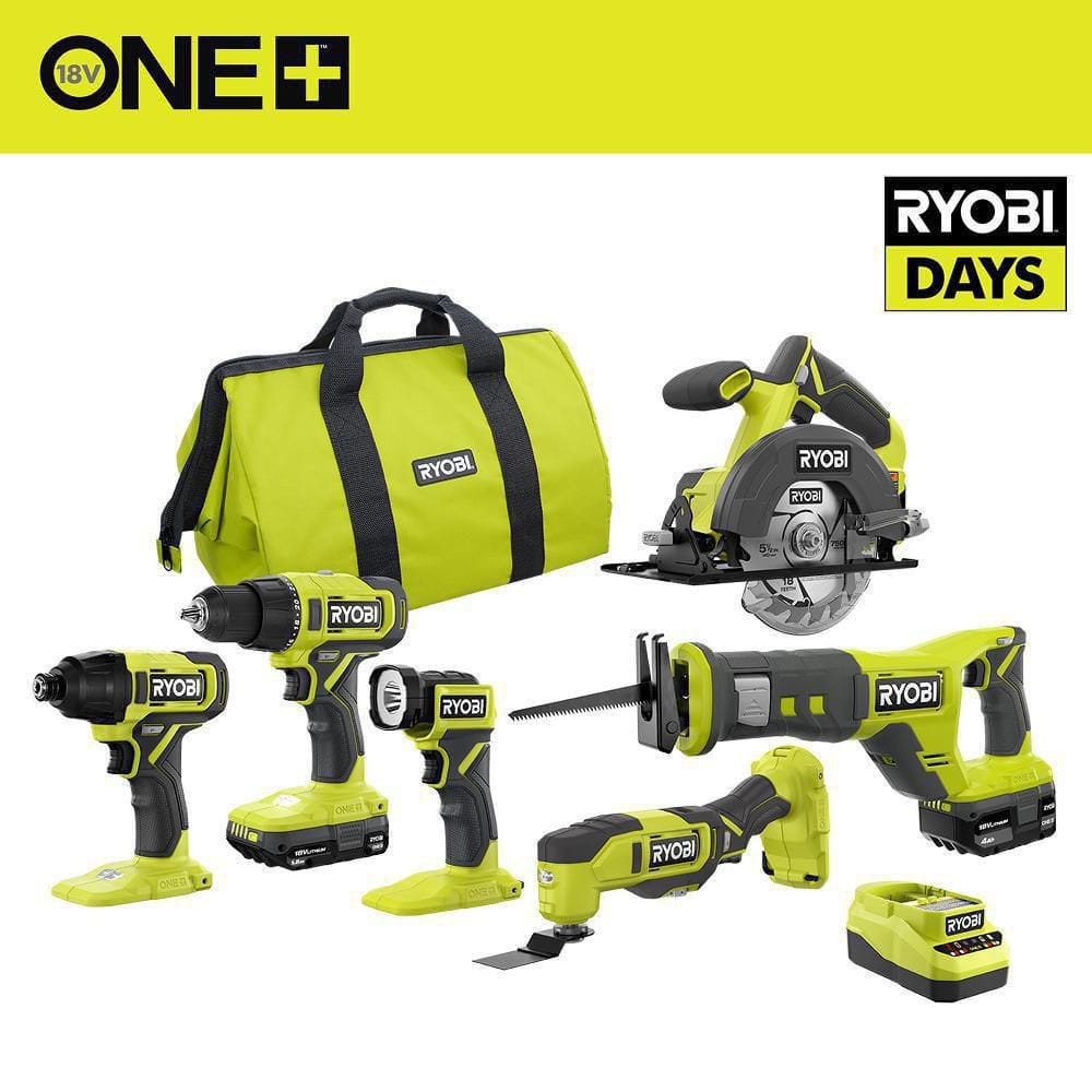 RYOBI ONE+ 18V Cordless 6-Tool Combo Kit with 1.5 Ah Battery, 4.0 Ah Battery, and Charger PCL1600K2
