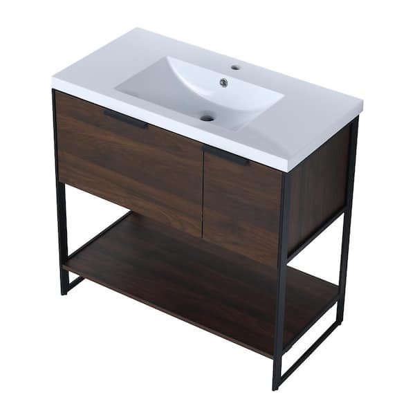 Logmey 35 in. W x 18. in D. x 34 in. H Bath Vanity in California Walnut with White Top