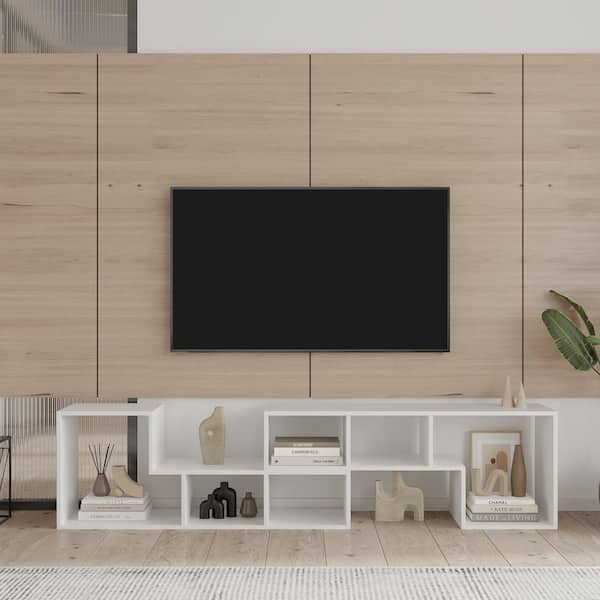 Polibi Modern TV Stand Fits TV's up to 90 in. with Double L-Shaped TV Stand, Display Shelf, Bookcase for Home Furniture, White