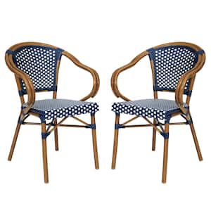 Navy and White/Natural Frame Aluminum Outdoor Dining Chair in Blue Set of 2
